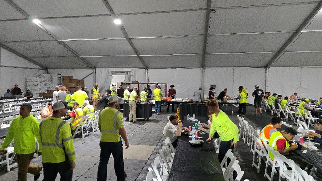 Turnkey base camp cafeteria used to feed the 1,500 lineworks and other contractors supporting the efforts of restoring power after Hurricae Helene, located on Federal Law Enforcement Training Centers grounds in Glynco, Ga., Oct. 3. 2024.