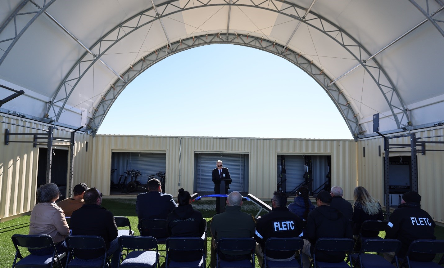 Robert Price, Artesia Site Director, delivers remarks at a ribbon-cutting ceremony for the new outdoor gym at the FLETC-Artesia training delivery point, January 10, 2025.  (Photo/Trish Simpson, Supervisory Border Patrol Agent, Border Patrol Academy)