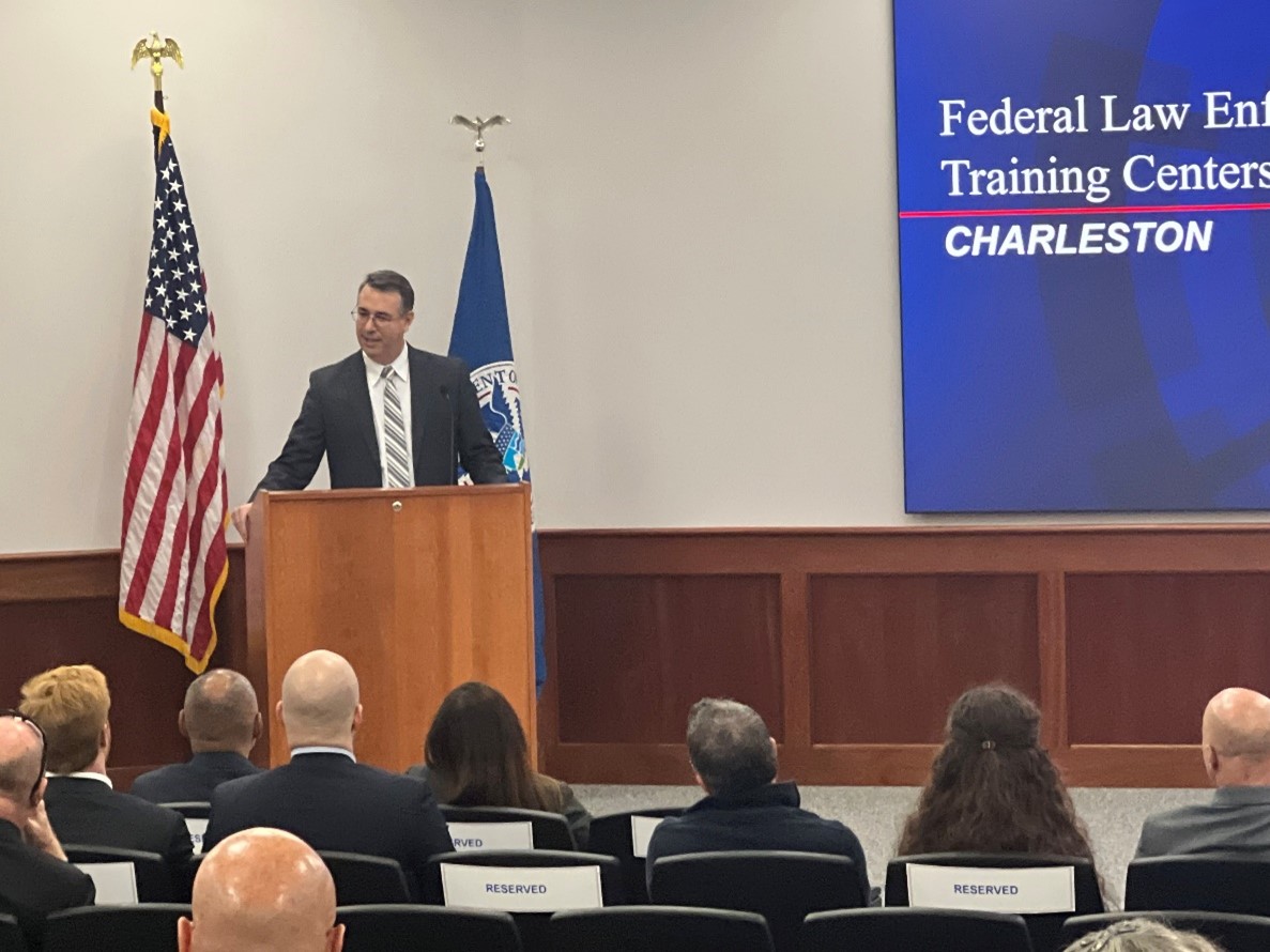 FLETC Deputy Director Paul E. Baker addresses the crowd at the FLETC-Charleston 20th Anniversary Celebration, November 22, 2024. (Photo by OPA)