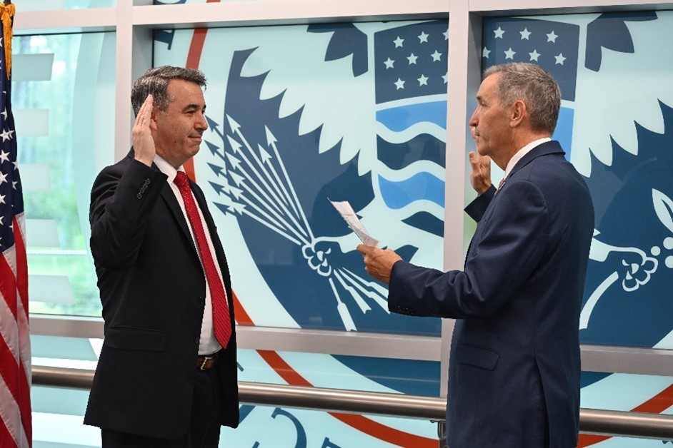 The Federal Law Enforcement Training Centers Director Benjamine C. Huffman (RIGHT) hosted a Swearing-In Ceremony for the new FLETC Deputy Director, Paul E. Baker (LEFT) at FLETC Headquarters, Glynco, Ga., Oct. 07, 2024. (photo by Rob Gwin / FLETC OPA)